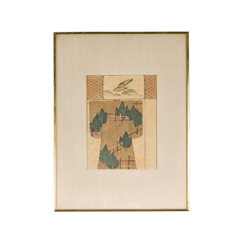 Antique Minimalist Woodblock Print with Bird and Trees in Custom Frame-YN7859-2. Asian & Chinese Furniture, Art, Antiques, Vintage Home Décor for sale at FEA Home