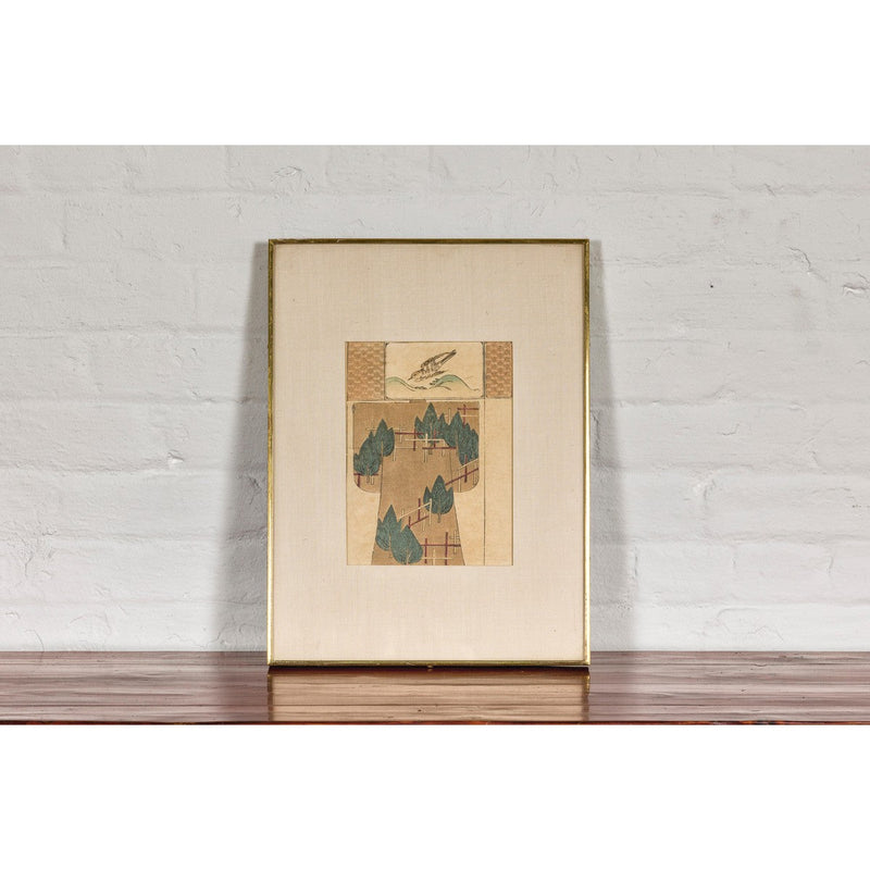 Antique Minimalist Woodblock Print with Bird and Trees in Custom Frame-YN7859-3. Asian & Chinese Furniture, Art, Antiques, Vintage Home Décor for sale at FEA Home