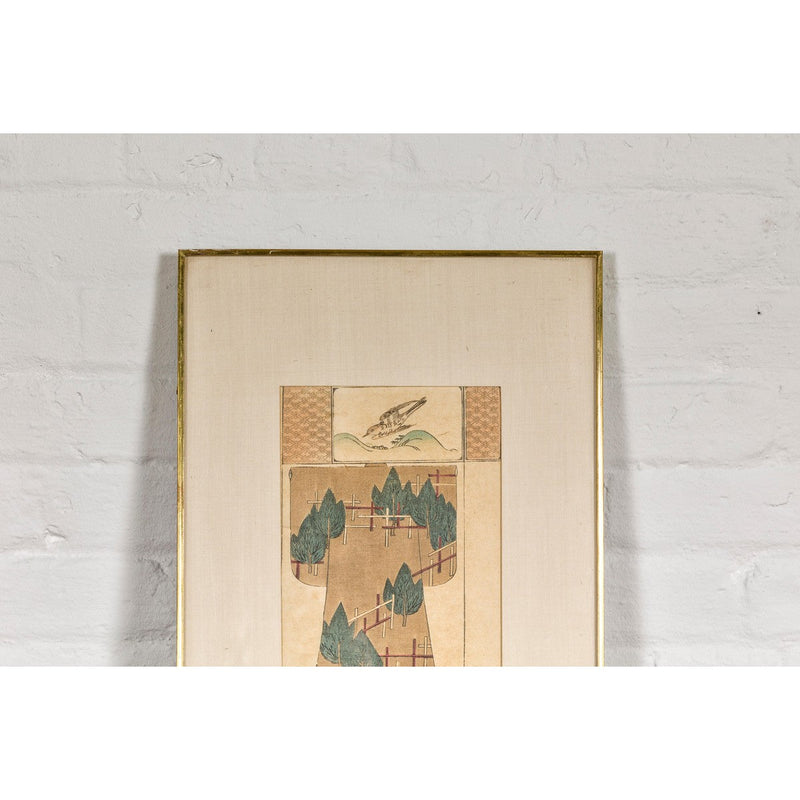 Antique Minimalist Woodblock Print with Bird and Trees in Custom Frame-YN7859-4. Asian & Chinese Furniture, Art, Antiques, Vintage Home Décor for sale at FEA Home