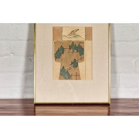 Antique Minimalist Woodblock Print with Bird and Trees in Custom Frame-YN7859-5. Asian & Chinese Furniture, Art, Antiques, Vintage Home Décor for sale at FEA Home