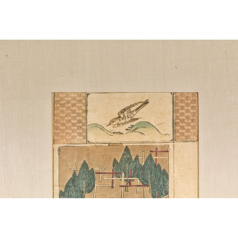 Antique Minimalist Woodblock Print with Bird and Trees in Custom Frame-YN7859-6. Asian & Chinese Furniture, Art, Antiques, Vintage Home Décor for sale at FEA Home