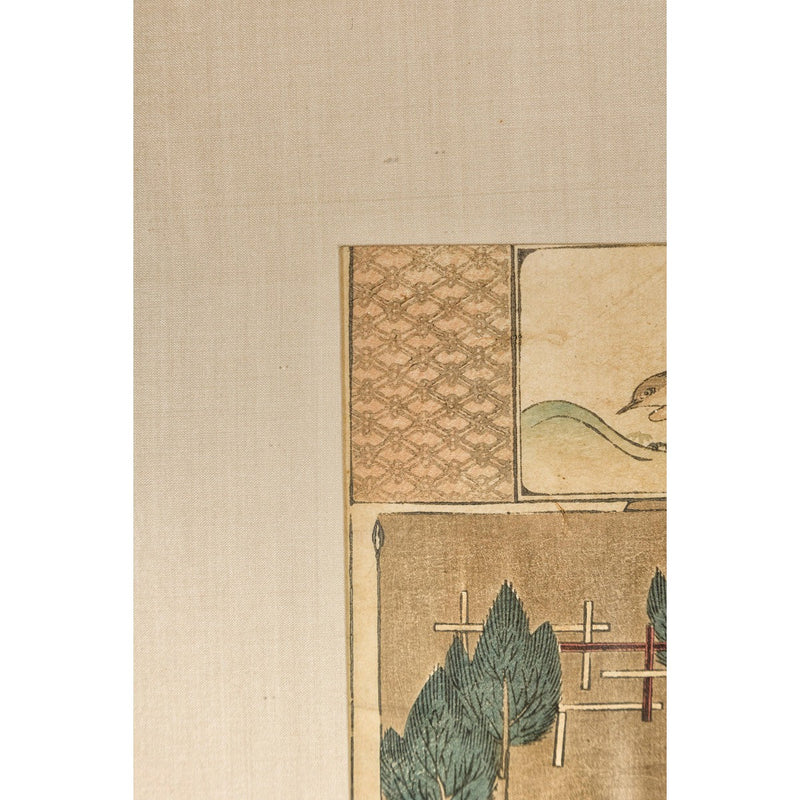 Antique Minimalist Woodblock Print with Bird and Trees in Custom Frame-YN7859-8. Asian & Chinese Furniture, Art, Antiques, Vintage Home Décor for sale at FEA Home