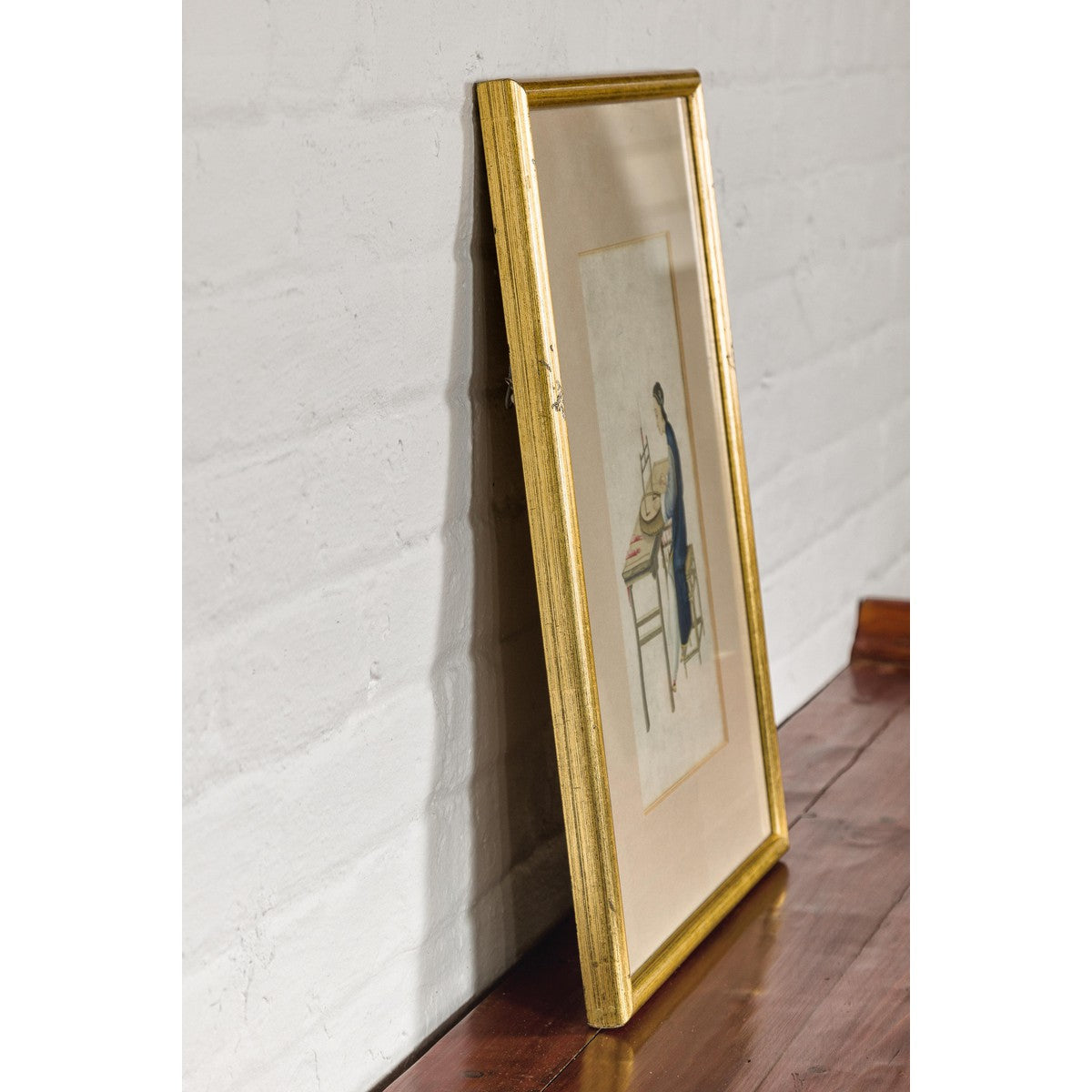 Woman in a Blue Dress Threading Silk Watercolor in Gilt Frame-15. Asian & Chinese Furniture, Art, Antiques, Vintage Home Décor for sale at FEA Home