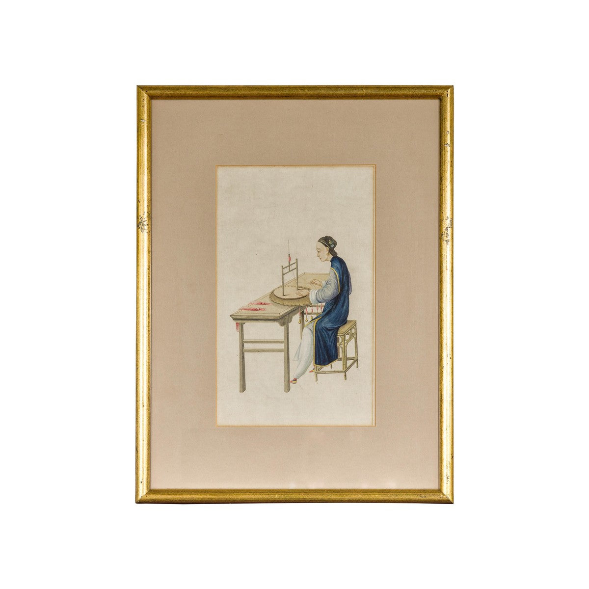 Woman in a Blue Dress Threading Silk Watercolor in Gilt Frame-18. Asian & Chinese Furniture, Art, Antiques, Vintage Home Décor for sale at FEA Home