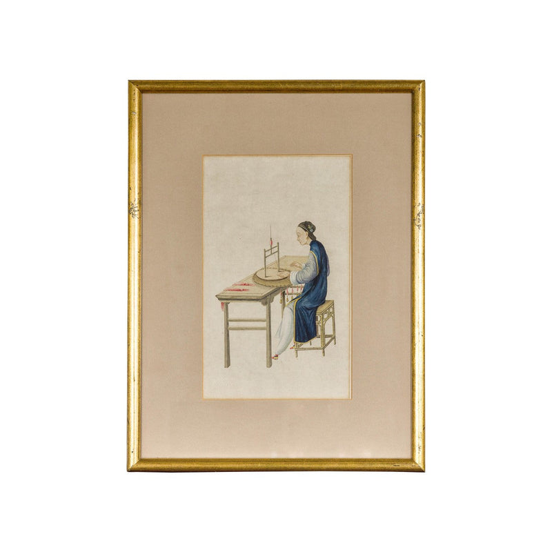 Woman in a Blue Dress Threading Silk Watercolor in Gilt Frame-YN7860-18. Asian & Chinese Furniture, Art, Antiques, Vintage Home Décor for sale at FEA Home