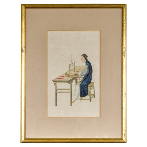 Woman in a Blue Dress Threading Silk Watercolor in Gilt Frame-YN7860-1. Asian & Chinese Furniture, Art, Antiques, Vintage Home Décor for sale at FEA Home