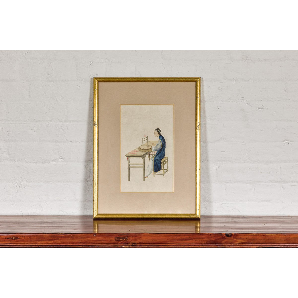 Woman in a Blue Dress Threading Silk Watercolor in Gilt Frame-2. Asian & Chinese Furniture, Art, Antiques, Vintage Home Décor for sale at FEA Home