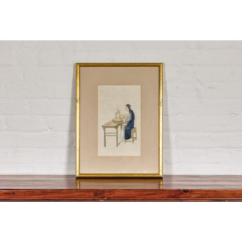 Woman in a Blue Dress Threading Silk Watercolor in Gilt Frame-YN7860-2. Asian & Chinese Furniture, Art, Antiques, Vintage Home Décor for sale at FEA Home