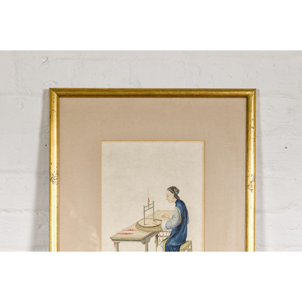 Woman in a Blue Dress Threading Silk Watercolor in Gilt Frame-3. Asian & Chinese Furniture, Art, Antiques, Vintage Home Décor for sale at FEA Home