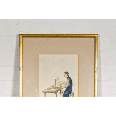 Woman in a Blue Dress Threading Silk Watercolor in Gilt Frame-YN7860-3. Asian & Chinese Furniture, Art, Antiques, Vintage Home Décor for sale at FEA Home