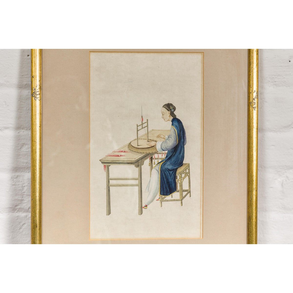 Woman in a Blue Dress Threading Silk Watercolor in Gilt Frame-5. Asian & Chinese Furniture, Art, Antiques, Vintage Home Décor for sale at FEA Home