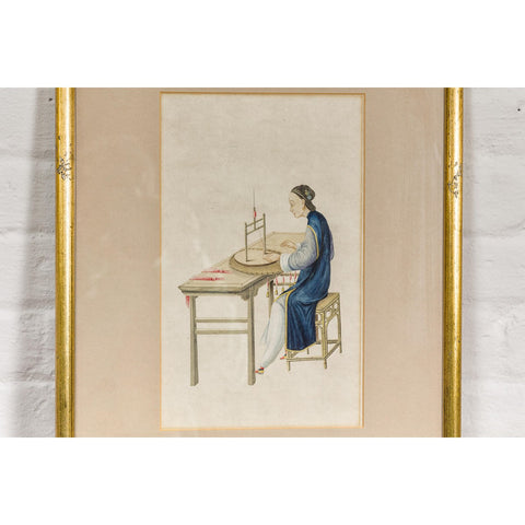 Woman in a Blue Dress Threading Silk Watercolor in Gilt Frame-YN7860-5. Asian & Chinese Furniture, Art, Antiques, Vintage Home Décor for sale at FEA Home
