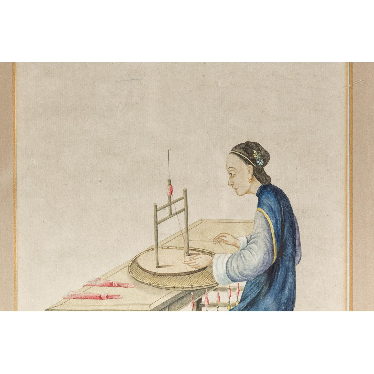 Woman in a Blue Dress Threading Silk Watercolor in Gilt Frame-6. Asian & Chinese Furniture, Art, Antiques, Vintage Home Décor for sale at FEA Home