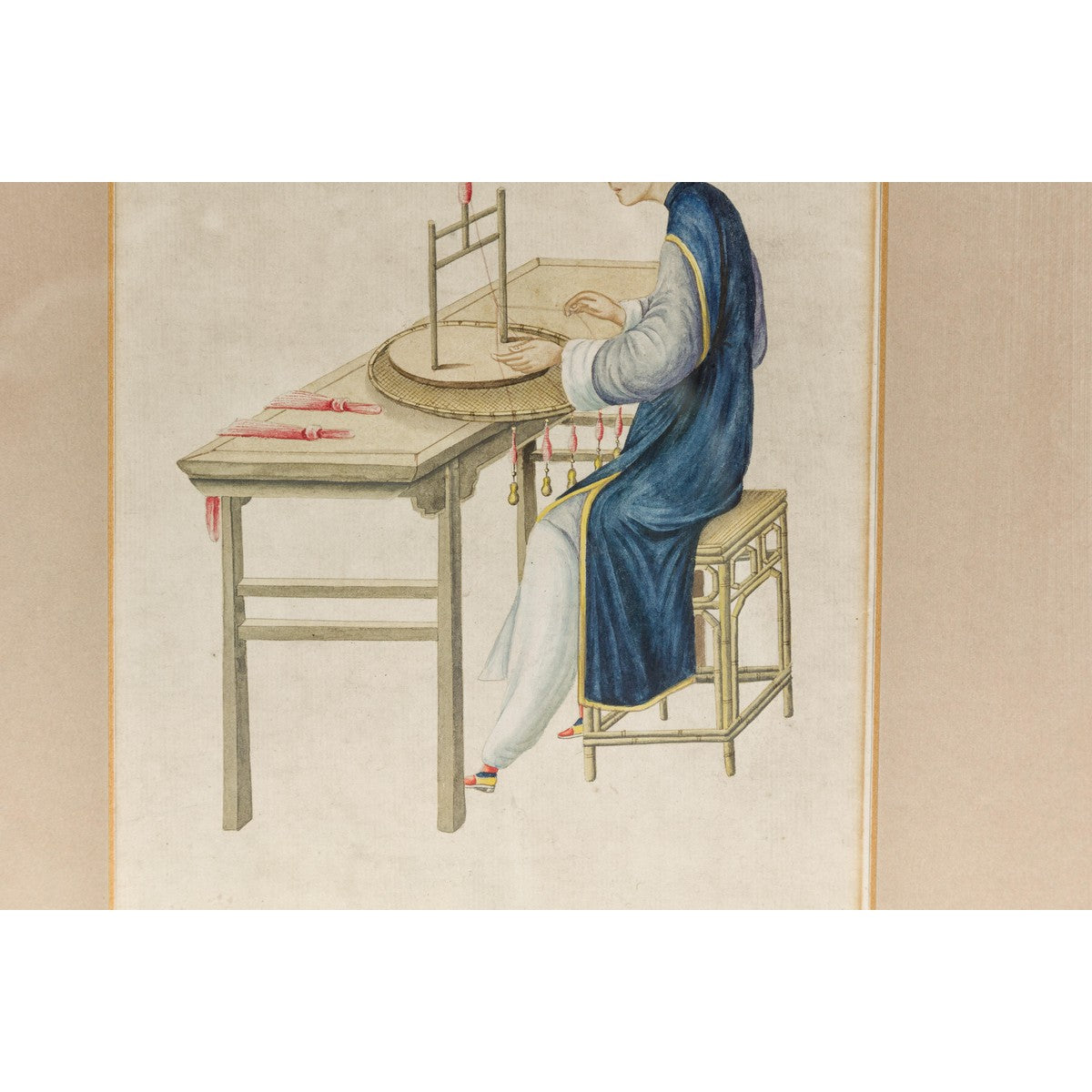 Woman in a Blue Dress Threading Silk Watercolor in Gilt Frame-7. Asian & Chinese Furniture, Art, Antiques, Vintage Home Décor for sale at FEA Home