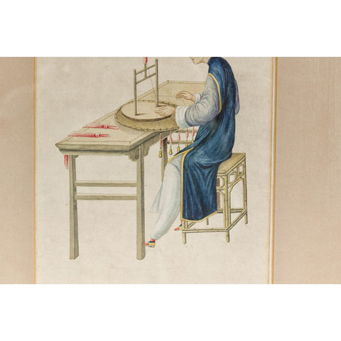 Woman in a Blue Dress Threading Silk Watercolor in Gilt Frame-YN7860-7. Asian & Chinese Furniture, Art, Antiques, Vintage Home Décor for sale at FEA Home