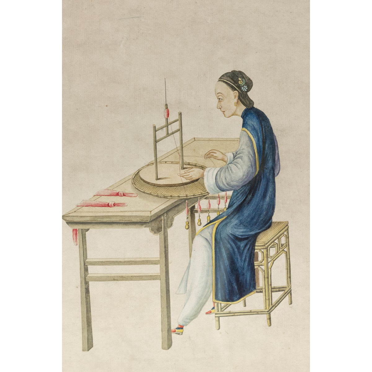 Woman in a Blue Dress Threading Silk Watercolor in Gilt Frame-8. Asian & Chinese Furniture, Art, Antiques, Vintage Home Décor for sale at FEA Home