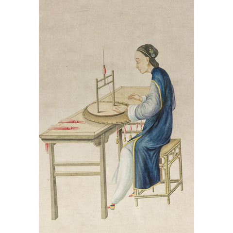 Woman in a Blue Dress Threading Silk Watercolor in Gilt Frame-YN7860-8. Asian & Chinese Furniture, Art, Antiques, Vintage Home Décor for sale at FEA Home