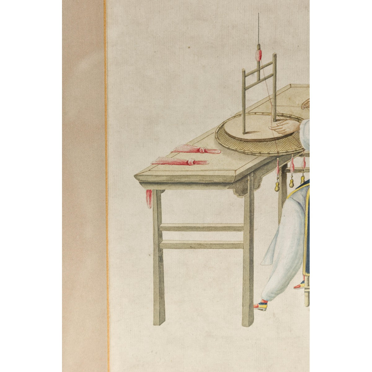 Woman in a Blue Dress Threading Silk Watercolor in Gilt Frame-9. Asian & Chinese Furniture, Art, Antiques, Vintage Home Décor for sale at FEA Home