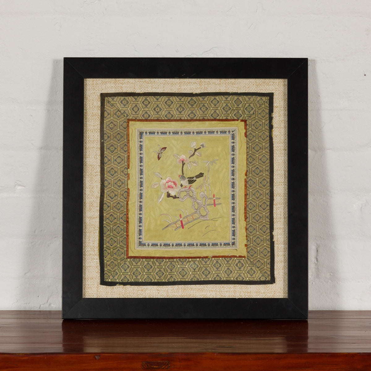 Late Qing Dynasty Embroidered Silk Fabric with Bird in Custom Frame-4. Asian & Chinese Furniture, Art, Antiques, Vintage Home Décor for sale at FEA Home