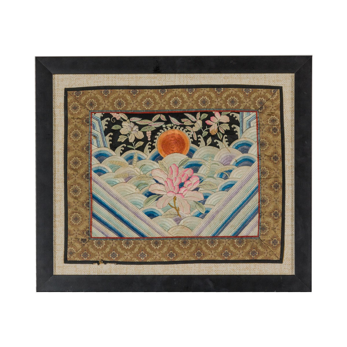 Vintage Chinese Silk Fabric with Flower and Sun Motif in Custom Black Frame-2. Asian & Chinese Furniture, Art, Antiques, Vintage Home Décor for sale at FEA Home