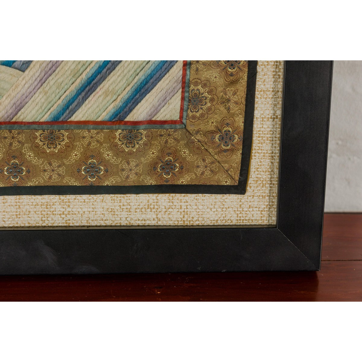 Vintage Chinese Silk Fabric with Flower and Sun Motif in Custom Black Frame-4. Asian & Chinese Furniture, Art, Antiques, Vintage Home Décor for sale at FEA Home