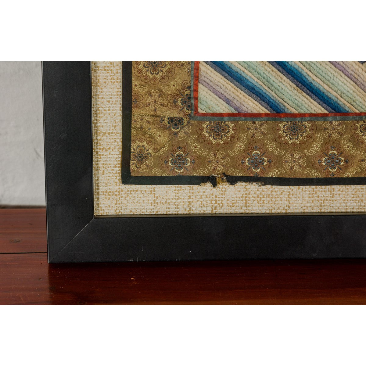 Vintage Chinese Silk Fabric with Flower and Sun Motif in Custom Black Frame-5. Asian & Chinese Furniture, Art, Antiques, Vintage Home Décor for sale at FEA Home