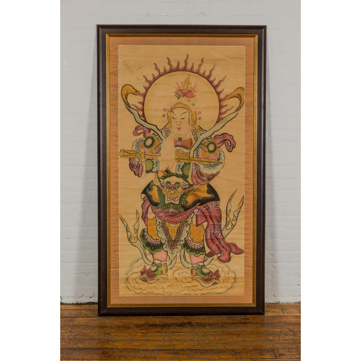Framed Hand-Painted Parchment Painting of a Celestial Warrior with Silk Matting-16. Asian & Chinese Furniture, Art, Antiques, Vintage Home Décor for sale at FEA Home