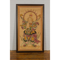 Framed Hand-Painted Parchment Painting of a Celestial Warrior with Silk Matting