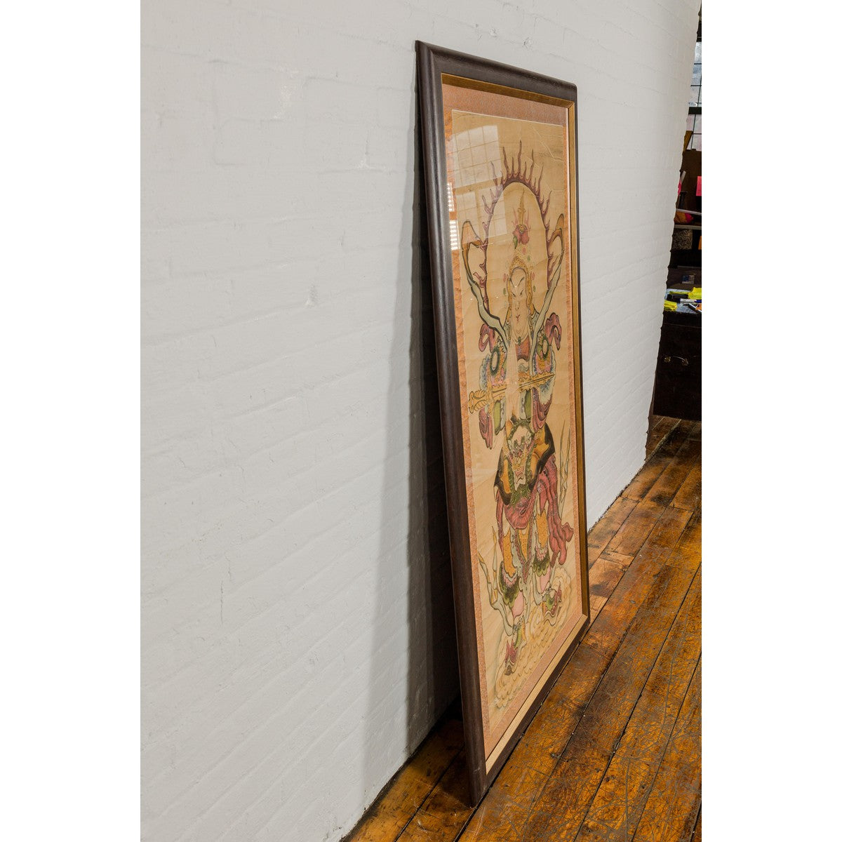 Framed Hand-Painted Parchment Painting of a Celestial Warrior with Silk Matting-17. Asian & Chinese Furniture, Art, Antiques, Vintage Home Décor for sale at FEA Home