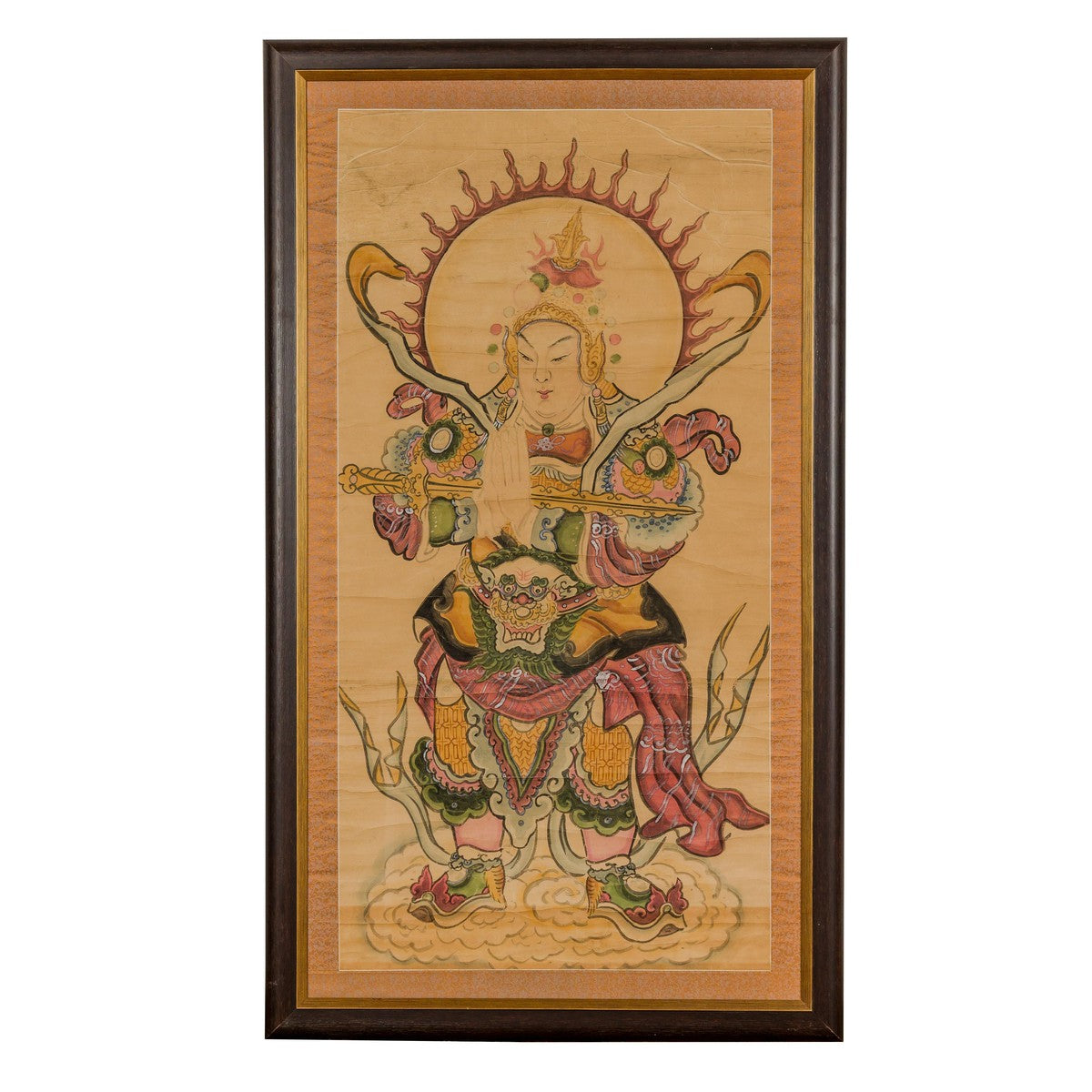 Framed Hand-Painted Parchment Painting of a Celestial Warrior with Silk Matting-19. Asian & Chinese Furniture, Art, Antiques, Vintage Home Décor for sale at FEA Home