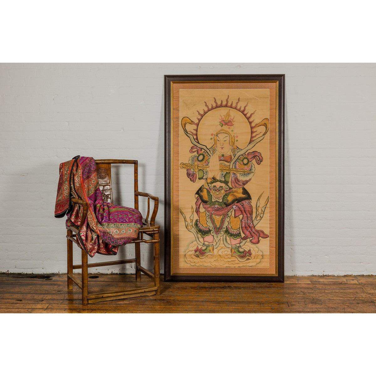 Framed Hand-Painted Parchment Painting of a Celestial Warrior with Silk Matting-2. Asian & Chinese Furniture, Art, Antiques, Vintage Home Décor for sale at FEA Home