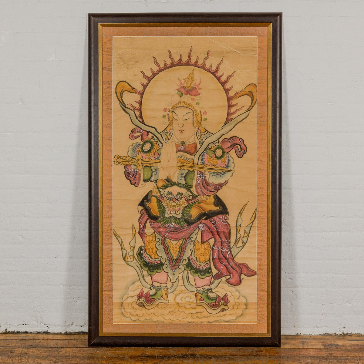 Framed Hand-Painted Parchment Painting of a Celestial Warrior with Silk Matting-3. Asian & Chinese Furniture, Art, Antiques, Vintage Home Décor for sale at FEA Home