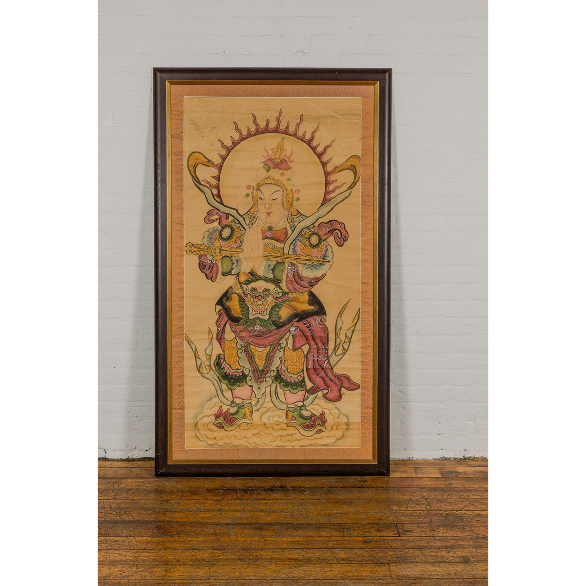 Framed Hand-Painted Parchment Painting of a Celestial Warrior with Silk Matting-4. Asian & Chinese Furniture, Art, Antiques, Vintage Home Décor for sale at FEA Home