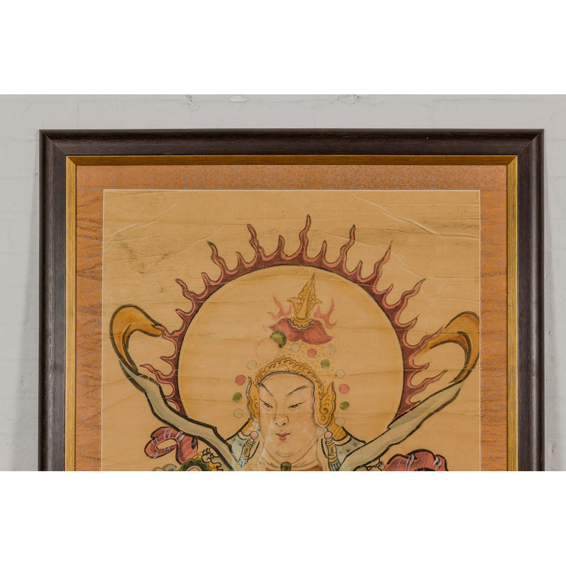 Framed Hand-Painted Parchment Painting of a Celestial Warrior with Silk Matting-YN7870-5. Asian & Chinese Furniture, Art, Antiques, Vintage Home Décor for sale at FEA Home