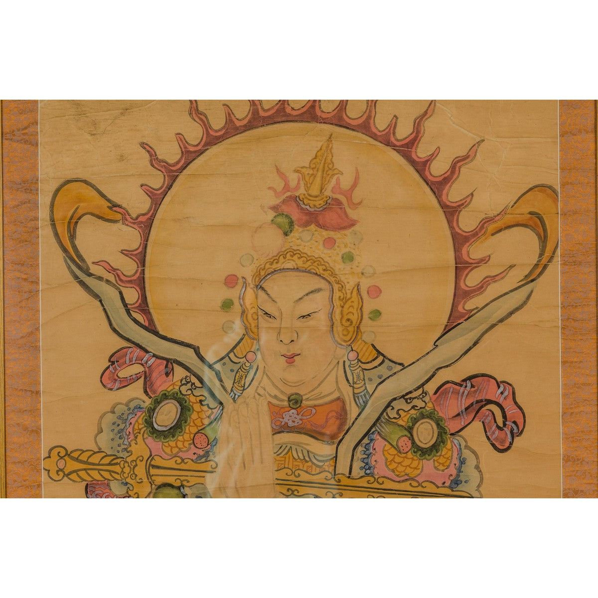 Framed Hand-Painted Parchment Painting of a Celestial Warrior with Silk Matting-6. Asian & Chinese Furniture, Art, Antiques, Vintage Home Décor for sale at FEA Home