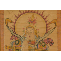 Framed Hand-Painted Parchment Painting of a Celestial Warrior with Silk Matting