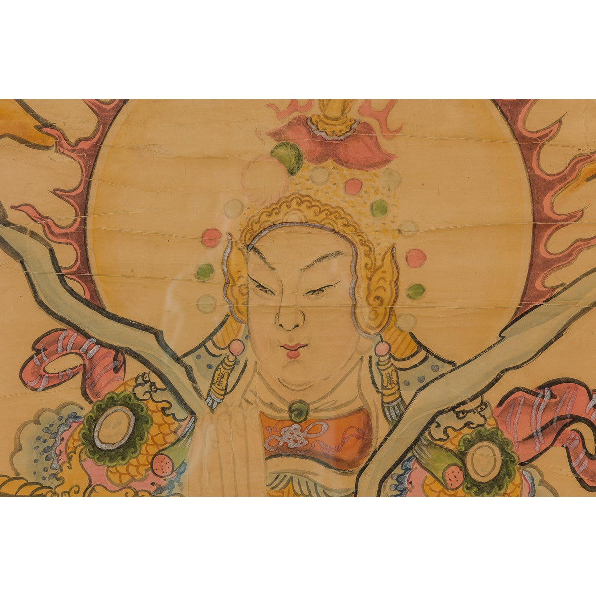 Framed Hand-Painted Parchment Painting of a Celestial Warrior with Silk Matting-7. Asian & Chinese Furniture, Art, Antiques, Vintage Home Décor for sale at FEA Home