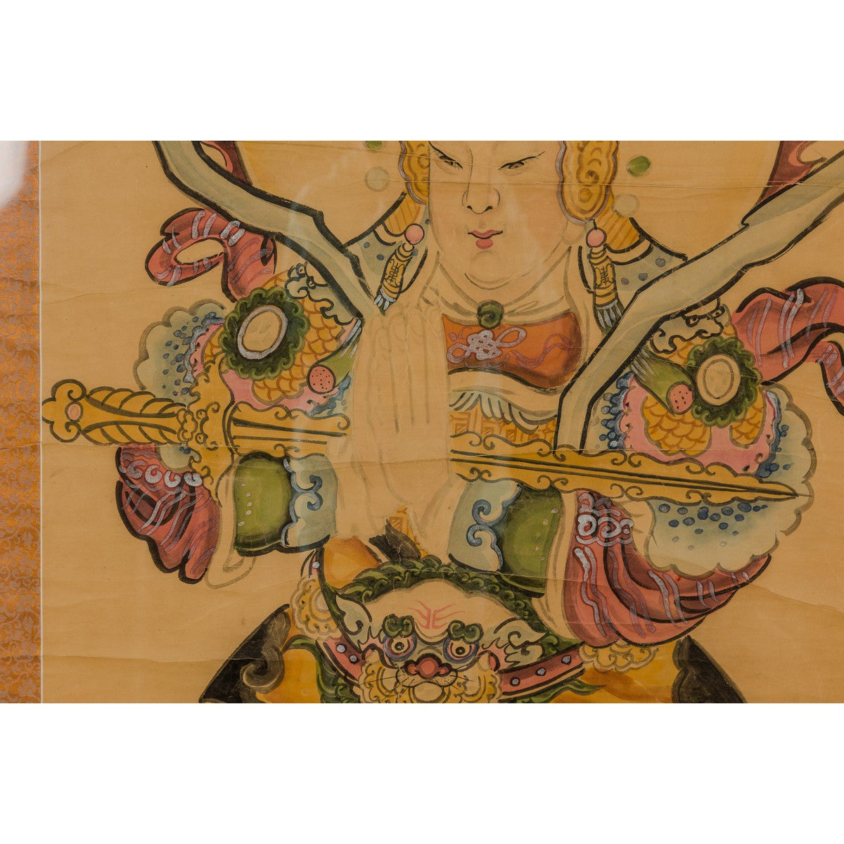 Framed Hand-Painted Parchment Painting of a Celestial Warrior with Silk Matting-8. Asian & Chinese Furniture, Art, Antiques, Vintage Home Décor for sale at FEA Home