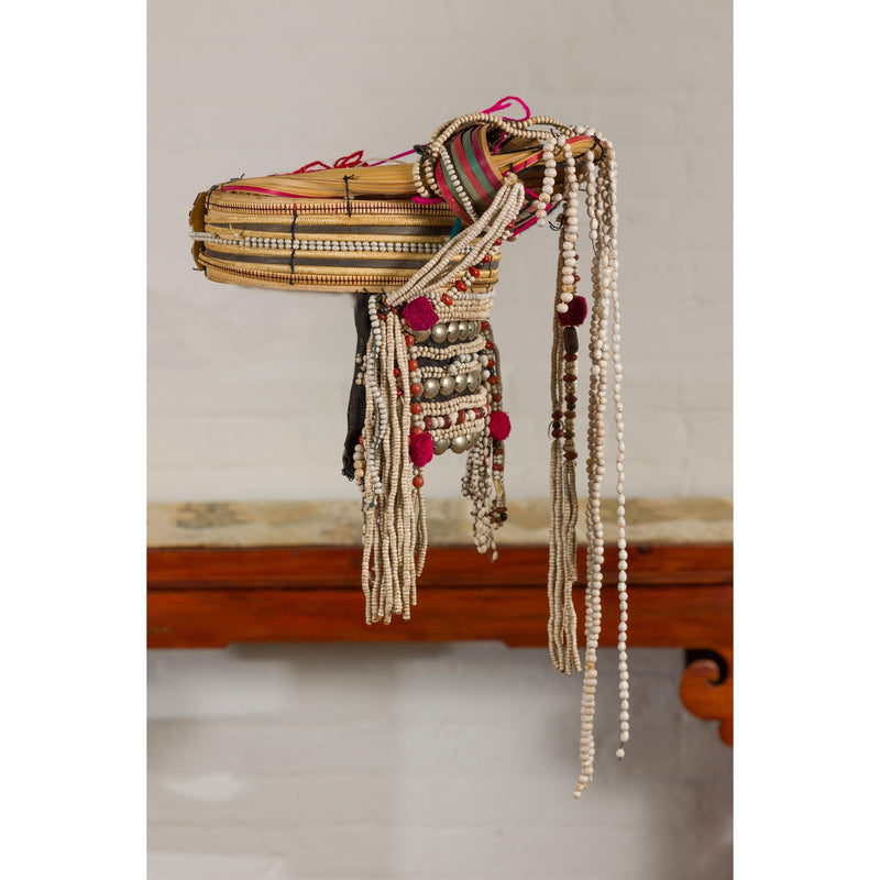 Tribal Ulo Akha Woman's Headdress with Framework of Bamboo and Beads-YN7889-8. Asian & Chinese Furniture, Art, Antiques, Vintage Home Décor for sale at FEA Home