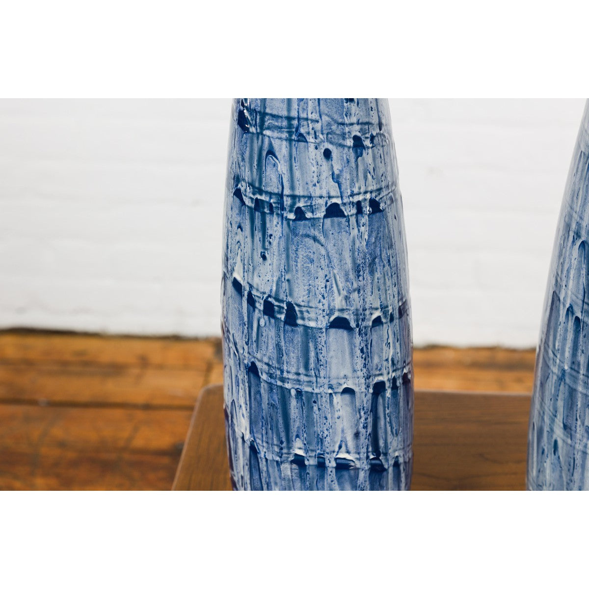 Slender Blue Vase with Spiralling and Dripping Décor, Two Sold Each-11. Asian & Chinese Furniture, Art, Antiques, Vintage Home Décor for sale at FEA Home