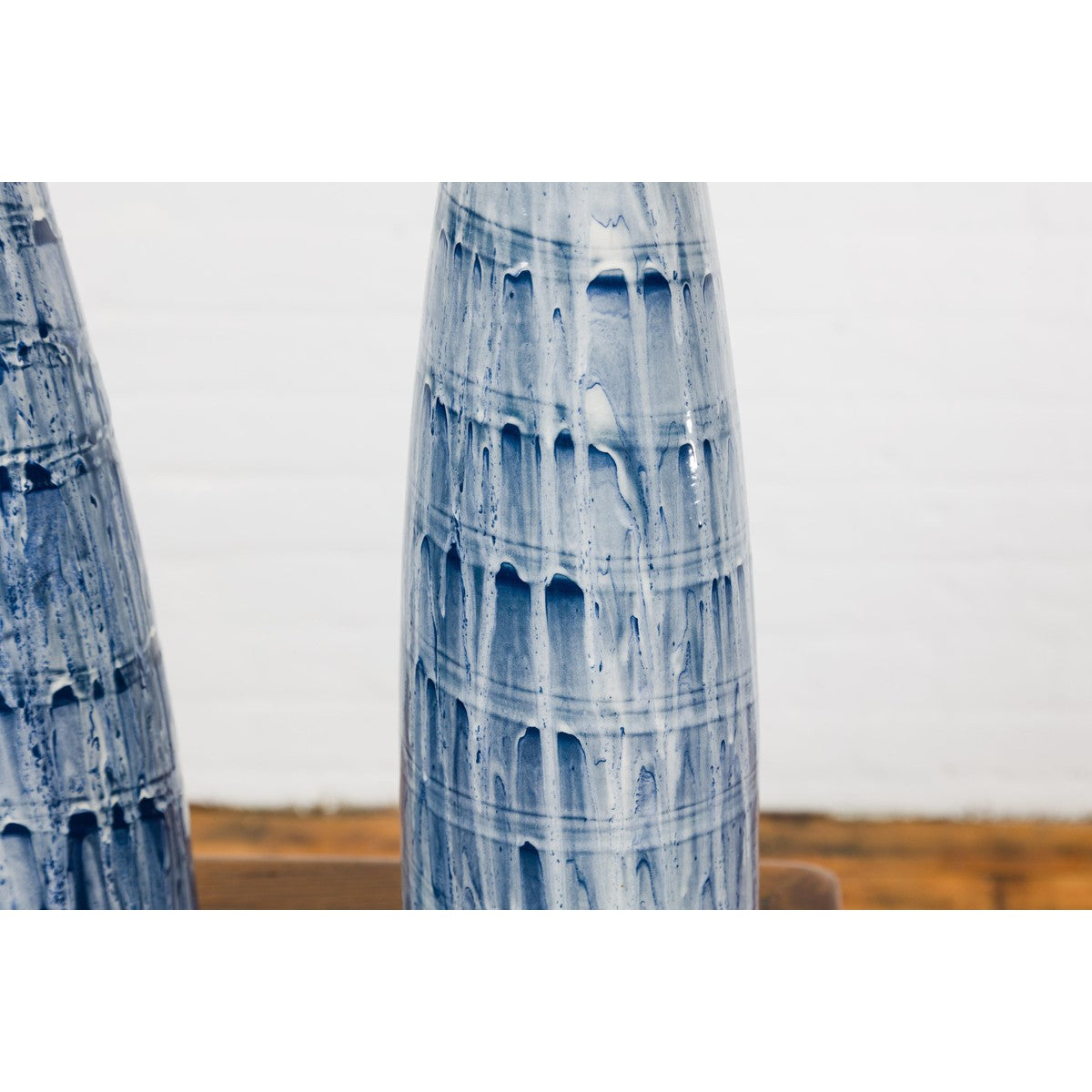 Slender Blue Vase with Spiralling and Dripping Décor, Two Sold Each-15. Asian & Chinese Furniture, Art, Antiques, Vintage Home Décor for sale at FEA Home