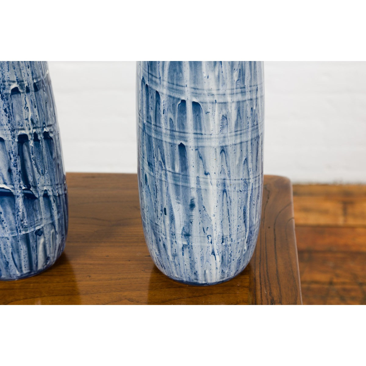 Slender Blue Vase with Spiralling and Dripping Décor, Two Sold Each-16. Asian & Chinese Furniture, Art, Antiques, Vintage Home Décor for sale at FEA Home