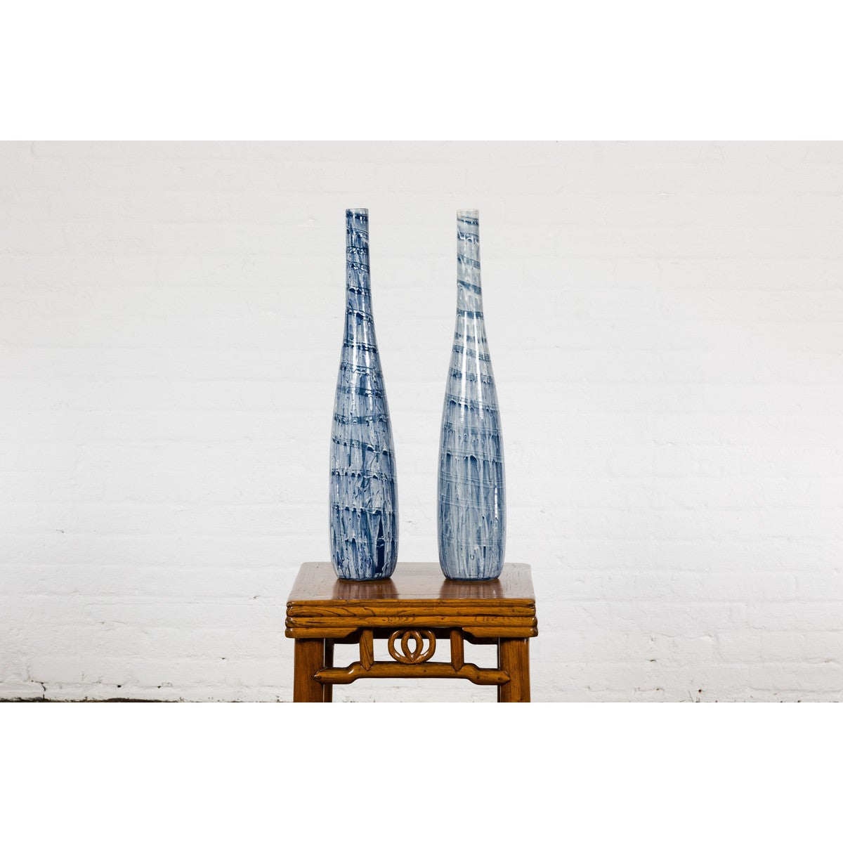 Slender Blue Vase with Spiralling and Dripping Décor, Two Sold Each-17. Asian & Chinese Furniture, Art, Antiques, Vintage Home Décor for sale at FEA Home