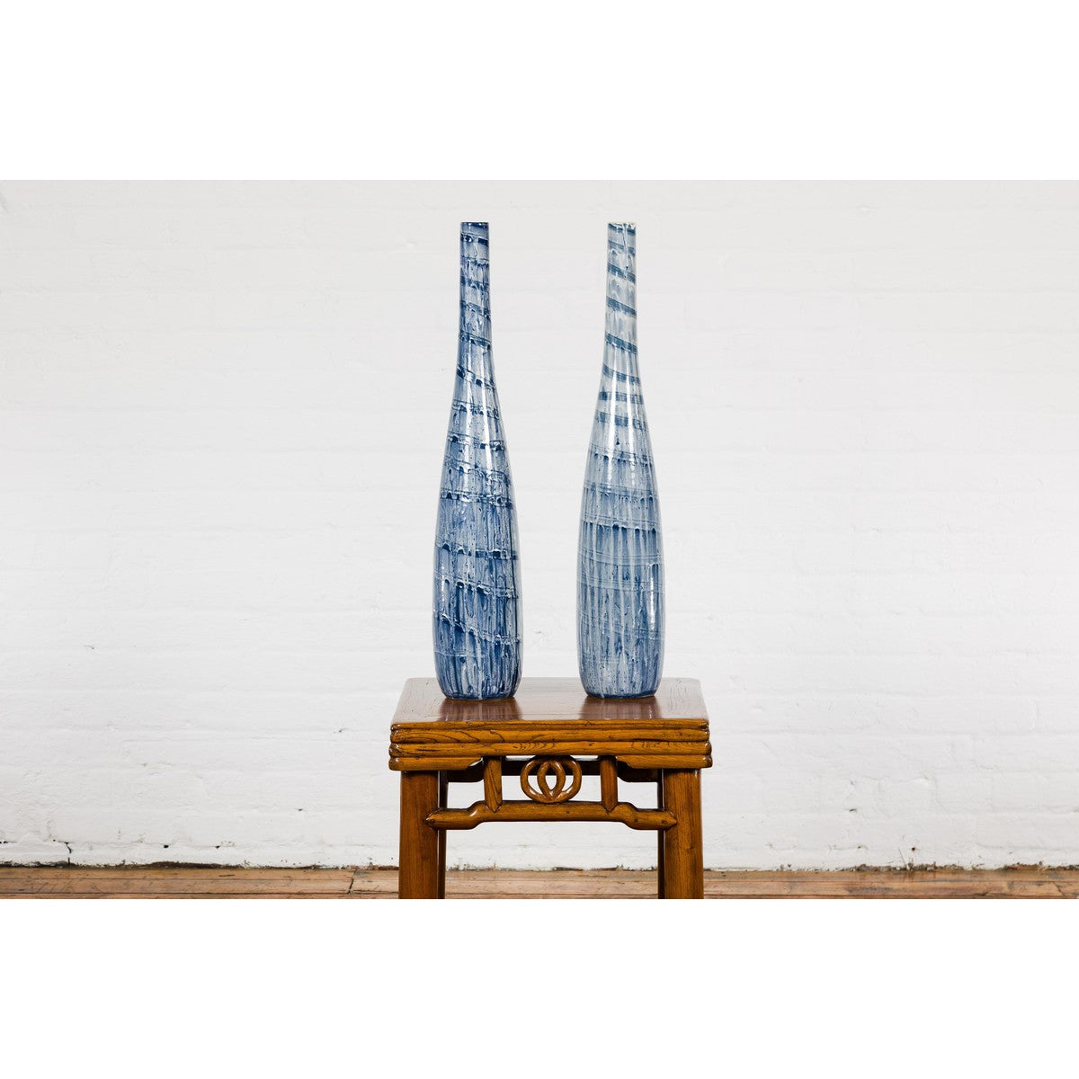 Slender Blue Vase with Spiralling and Dripping Décor, Two Sold Each-19. Asian & Chinese Furniture, Art, Antiques, Vintage Home Décor for sale at FEA Home