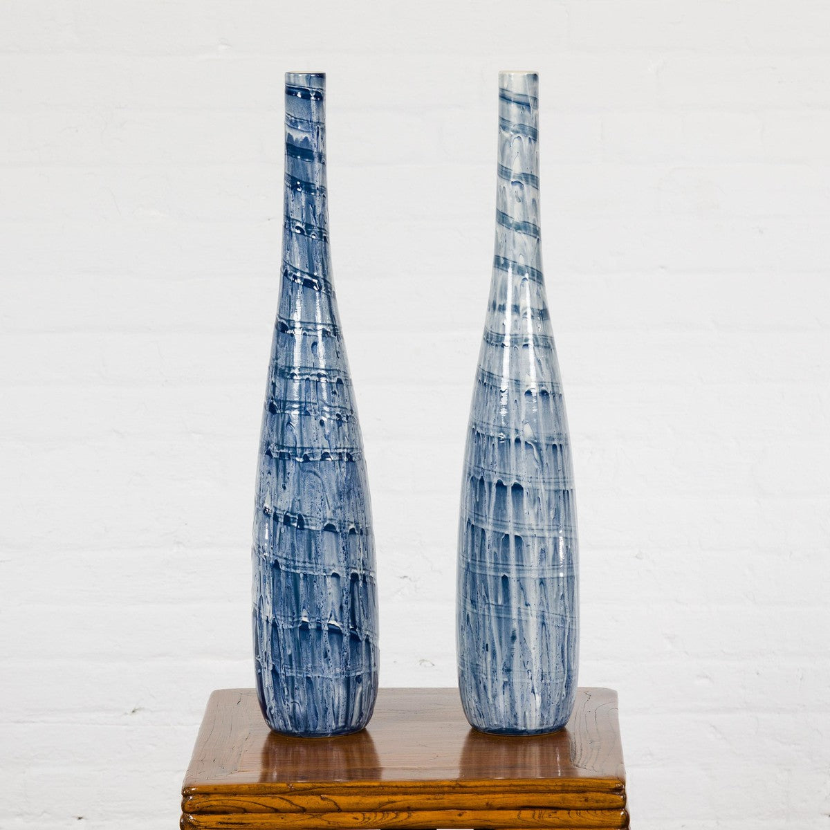 Slender Blue Vase with Spiralling and Dripping Décor, Two Sold Each-4. Asian & Chinese Furniture, Art, Antiques, Vintage Home Décor for sale at FEA Home