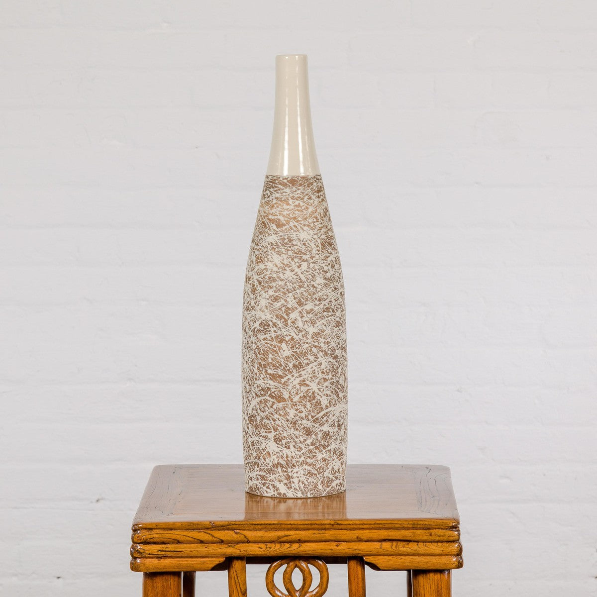Earthy Brown and Cream Ceramic Vase with Energetic Dripping Décor-12. Asian & Chinese Furniture, Art, Antiques, Vintage Home Décor for sale at FEA Home