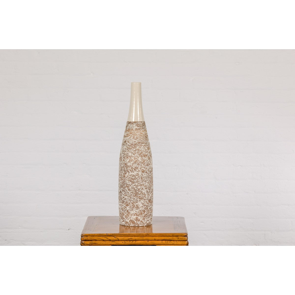 Earthy Brown and Cream Ceramic Vase with Energetic Dripping Décor-13. Asian & Chinese Furniture, Art, Antiques, Vintage Home Décor for sale at FEA Home