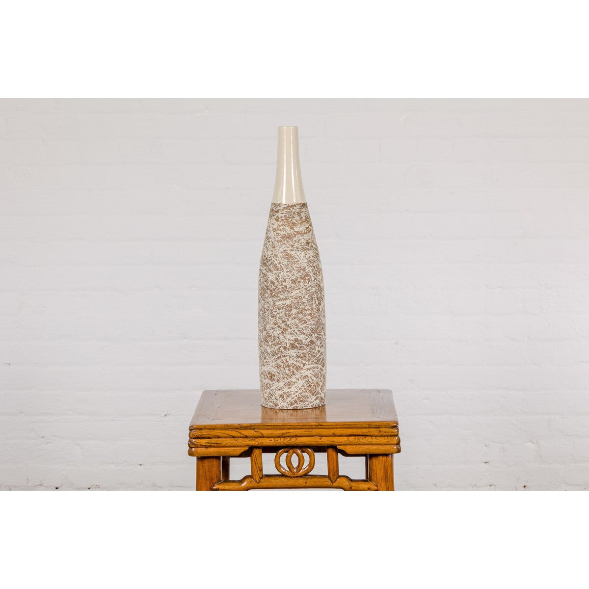 Earthy Brown and Cream Ceramic Vase with Energetic Dripping Décor-14. Asian & Chinese Furniture, Art, Antiques, Vintage Home Décor for sale at FEA Home