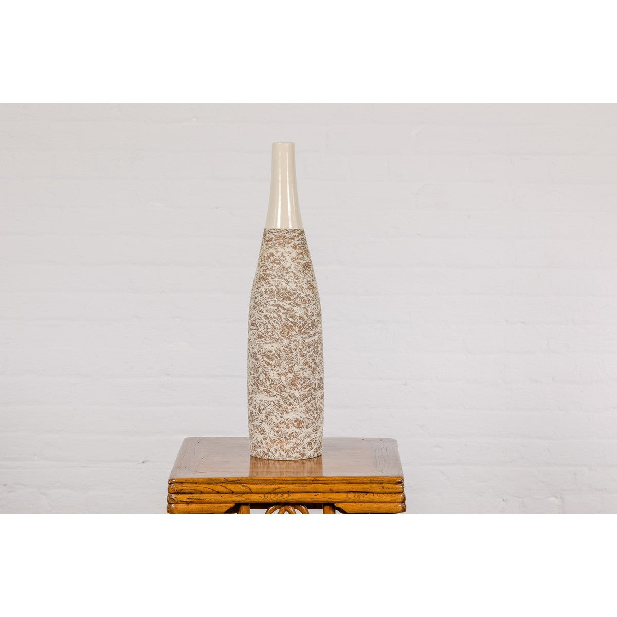 Earthy Brown and Cream Ceramic Vase with Energetic Dripping Décor-4. Asian & Chinese Furniture, Art, Antiques, Vintage Home Décor for sale at FEA Home
