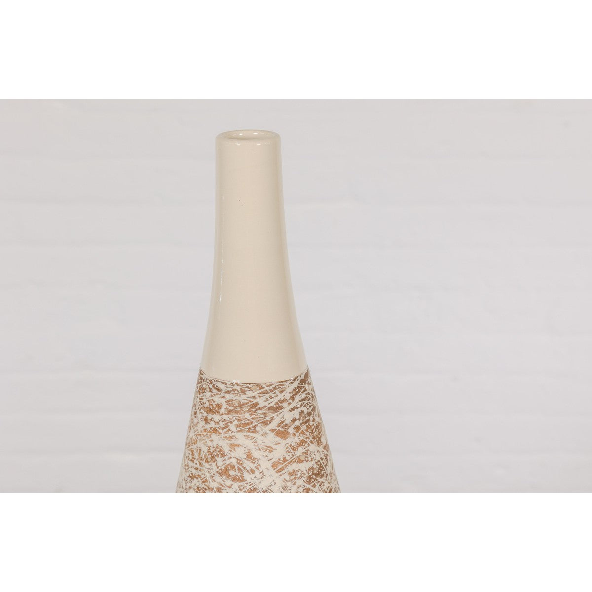 Earthy Brown and Cream Ceramic Vase with Energetic Dripping Décor-6. Asian & Chinese Furniture, Art, Antiques, Vintage Home Décor for sale at FEA Home